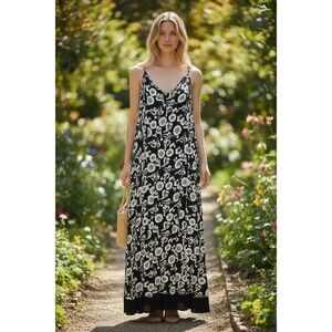 Mob Women's Maxi Dress Black and White Sleeveless V Neck Shoulder Straps Sz L